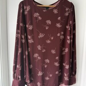 Ann Taylor Maroon Floral Long-Sleeve Blouse